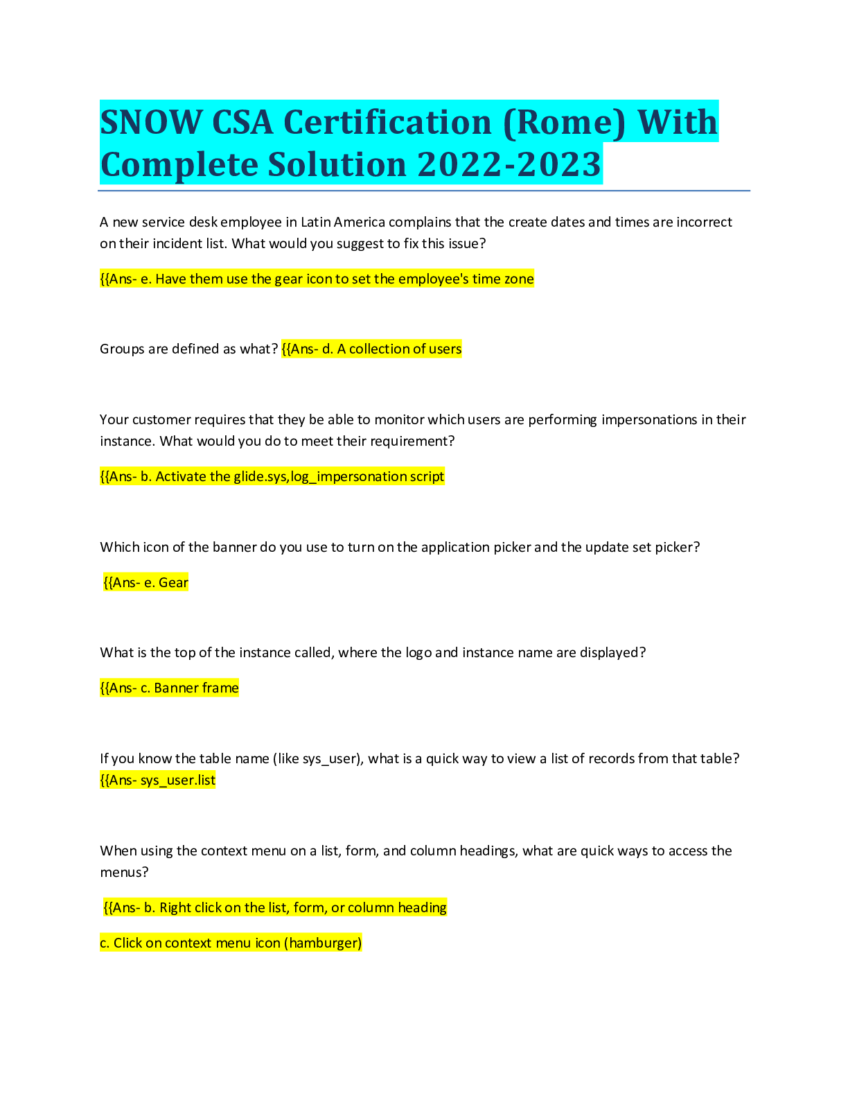 Preview image of SNOW CSA Certification (Rome) With Complete Solution 2022-2023 document